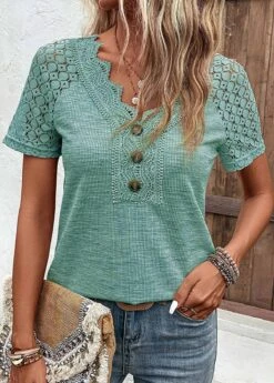 Green Lace Short Sleeve V Neck T Shirt -OLALA Clothing Shop 333182 P 16831997657063