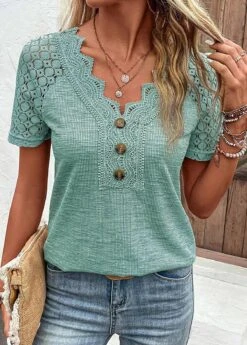 Green Lace Short Sleeve V Neck T Shirt -OLALA Clothing Shop 333182 P 16831997659232