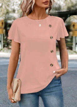 Pink Button Short Sleeve Round Neck T Shirt