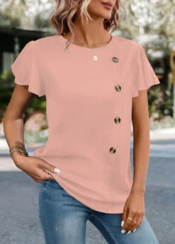 Pink Button Short Sleeve Round Neck T Shirt -OLALA Clothing Shop 333189 P 1683183591001
