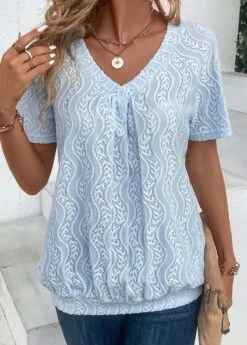 Light Blue Ruched Short Sleeve T Shirt -OLALA Clothing Shop 333209 P 16866397071570