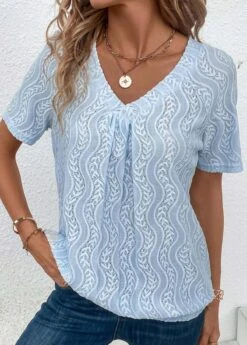 Light Blue Ruched Short Sleeve T Shirt -OLALA Clothing Shop 333209 P 16866397073114