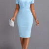 Light Blue Tuck Stitch Short Sleeve Bodycon Dress -OLALA Clothing Shop 333216 P 16862187503620
