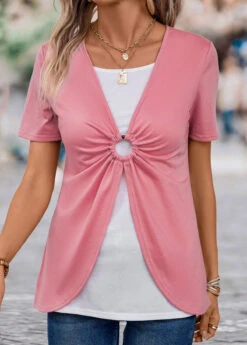 Pink Fake 2in1 Short Sleeve T Shirt -OLALA Clothing Shop 333276 P 16868944569534