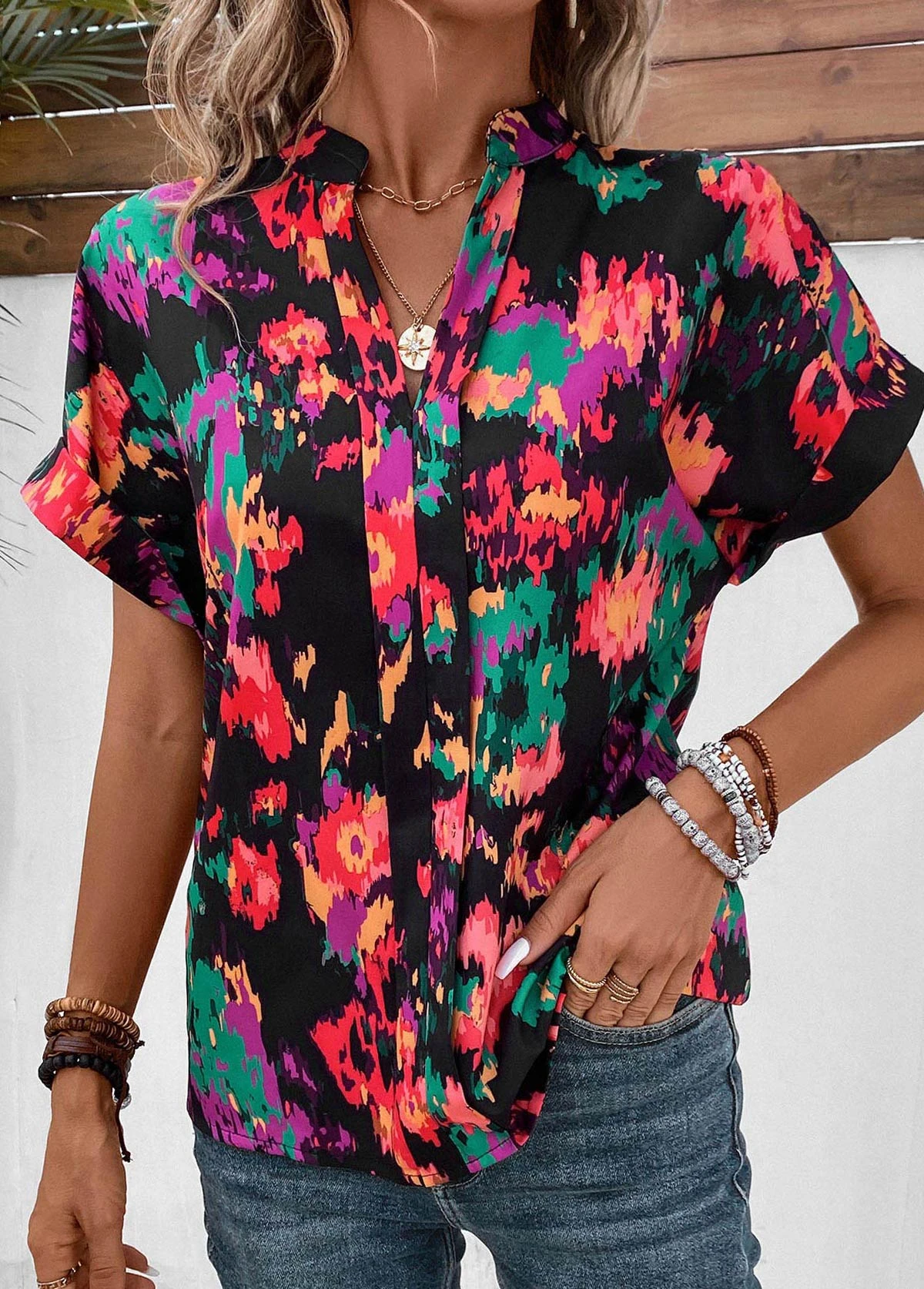 Multi Color Patchwork Dazzle Colorful Print Blouse 5 Multi Color Patchwork Dazzle Colorful Print Blouse - Image 3