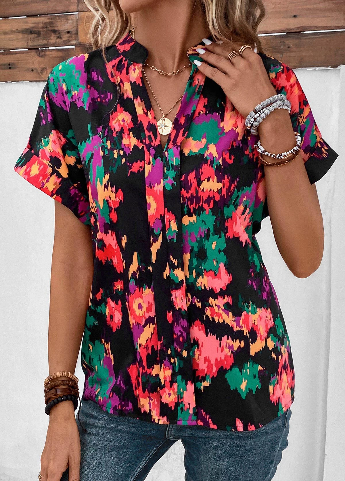 Multi Color Patchwork Dazzle Colorful Print Blouse 3 Multi Color Patchwork Dazzle Colorful Print Blouse