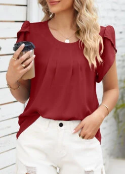 Wine Red Ruched Short Sleeve T Shirt -OLALA Clothing Shop 333558 P 1683708453613