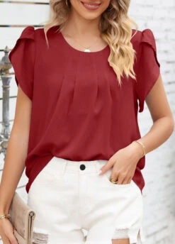 Wine Red Ruched Short Sleeve T Shirt -OLALA Clothing Shop 333558 P 1683708453830