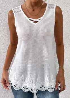 White Lace V Neck Tank Top -OLALA Clothing Shop 333577 P 16856140210134