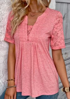 Peach Red Patchwork Short Sleeve T Shirt -OLALA Clothing Shop 333730 P 16866561553862