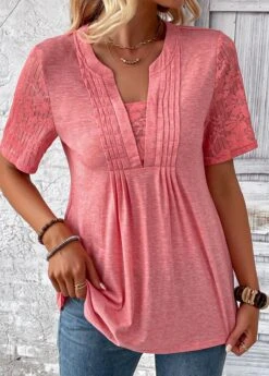 Peach Red Patchwork Short Sleeve T Shirt -OLALA Clothing Shop 333730 P 16866561558743