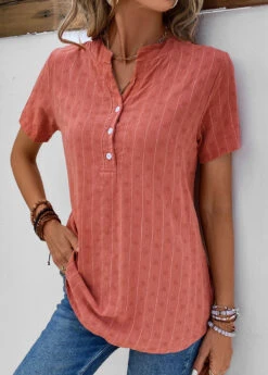 Coral Button Striped Short Sleeve Split Neck Blouse 12 Coral Button Striped Short Sleeve Split Neck Blouse -OLALA Clothing Shop 333741 P 16860503290614