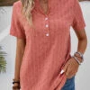 Coral Button Striped Short Sleeve Split Neck Blouse -OLALA Clothing Shop 333741 P 16860503290980