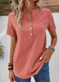 Coral Button Striped Short Sleeve Split Neck Blouse