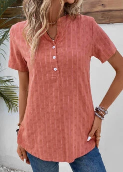 Coral Button Striped Short Sleeve Split Neck Blouse 10 Coral Button Striped Short Sleeve Split Neck Blouse -OLALA Clothing Shop 333741 P 16860503291462