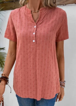 Coral Button Striped Short Sleeve Split Neck Blouse 11 Coral Button Striped Short Sleeve Split Neck Blouse -OLALA Clothing Shop 333741 P 16860503294143