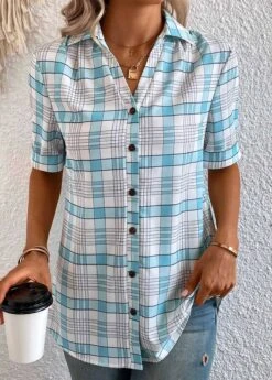 Light Blue Button Plaid Short Sleeve Blouse -OLALA Clothing Shop 333858 P 16872547131602