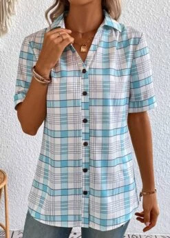 Light Blue Button Plaid Short Sleeve Blouse -OLALA Clothing Shop 333858 P 16872547132833