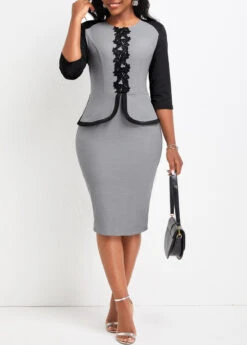 Grey Fake 2in1 Three Quarter Length Sleeve Bodycon Dress -OLALA Clothing Shop 333946 P 16873431251503
