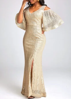 Golden Sequin Half Sleeve Maxi Dress 10 Golden Sequin Half Sleeve Maxi Dress -OLALA Clothing Shop 334049 P 16859657456343