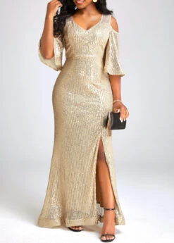 Golden Sequin Half Sleeve Maxi Dress