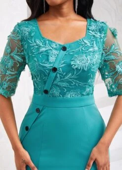 Turquoise Mermaid Half Sleeve Square Neck Bodycon Dress -OLALA Clothing Shop 334071 P 16909397376105