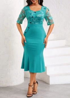 Turquoise Mermaid Half Sleeve Square Neck Bodycon Dress
