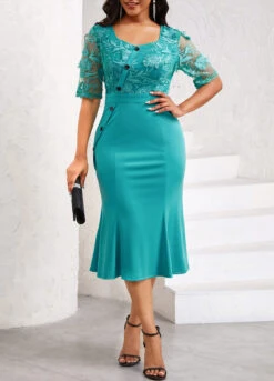 Turquoise Mermaid Half Sleeve Square Neck Bodycon Dress -OLALA Clothing Shop 334071 P 16909397379073