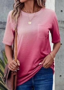 Pink Pocket Ombre Short Sleeve T Shirt