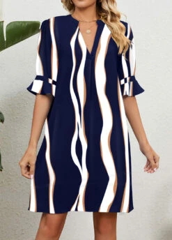 Navy Split Striped Shift Dress -OLALA Clothing Shop 334264 P 1684229268227