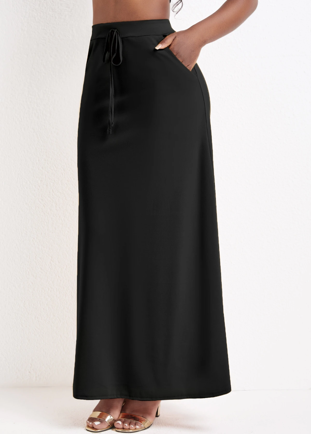 Black Pocket A Line Drawastring Maxi Skirt 5 Black Pocket A Line Drawastring Maxi Skirt - Image 3