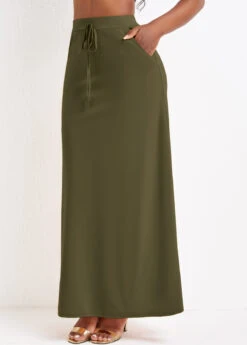 Olive Green Pocket A Line Drawastring Maxi Skirt -OLALA Clothing Shop 334290 P 16851002574162