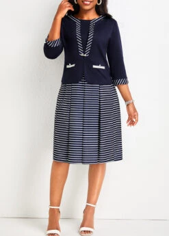 Patchwork Navy Striped Dress And Cardigan -OLALA Clothing Shop 334434 P 16958783933864
