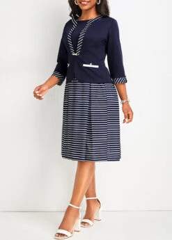 Patchwork Navy Striped Dress And Cardigan -OLALA Clothing Shop 334434 P 16958783935153