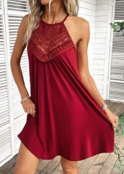 Wine Red Patchwork Short A Line Sleeveless Dress -OLALA Clothing Shop 334962 P 16871362879124