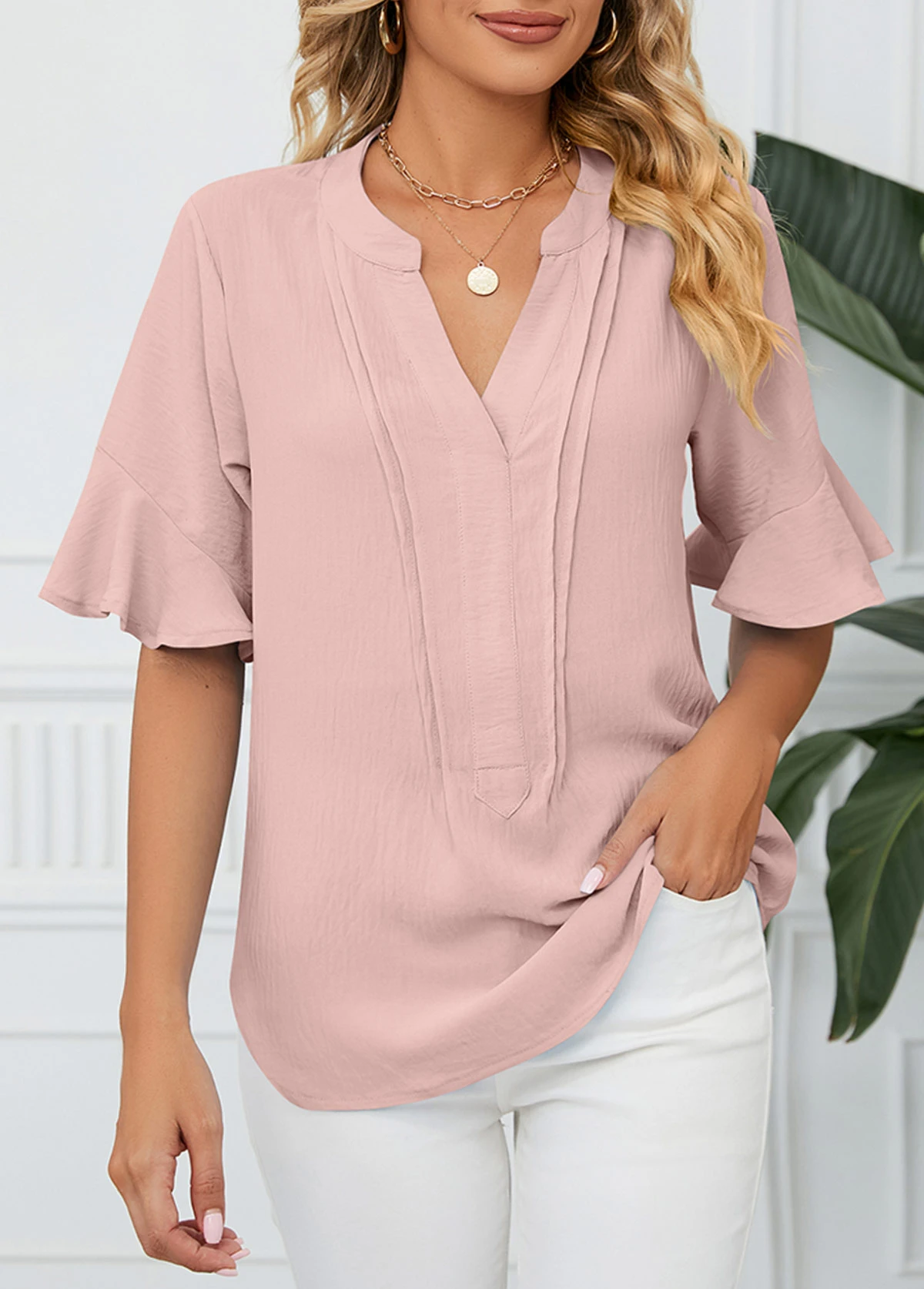 Light Pink Tuck Stitch Half Sleeve Blouse 3 Light Pink Tuck Stitch Half Sleeve Blouse