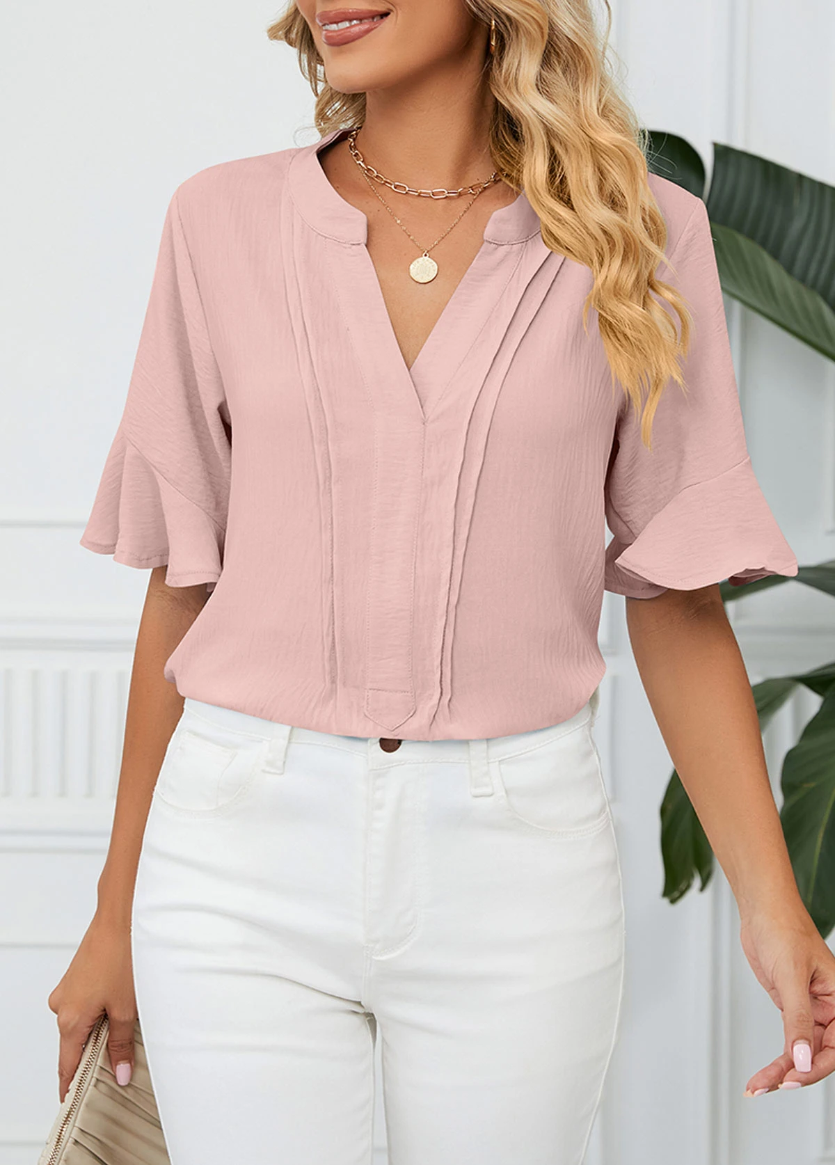 Light Pink Tuck Stitch Half Sleeve Blouse 5 Light Pink Tuck Stitch Half Sleeve Blouse - Image 3