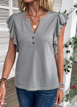 Grey Button Short Sleeve Split Neck T Shirt -OLALA Clothing Shop 335059 P 16871686268343