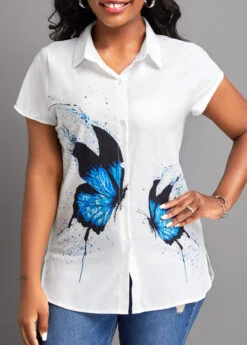 White Button Butterfly Print Short Sleeve Blouse 9 White Button Butterfly Print Short Sleeve Blouse -OLALA Clothing Shop 335091 P 16863144440653