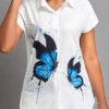 White Button Butterfly Print Short Sleeve Blouse