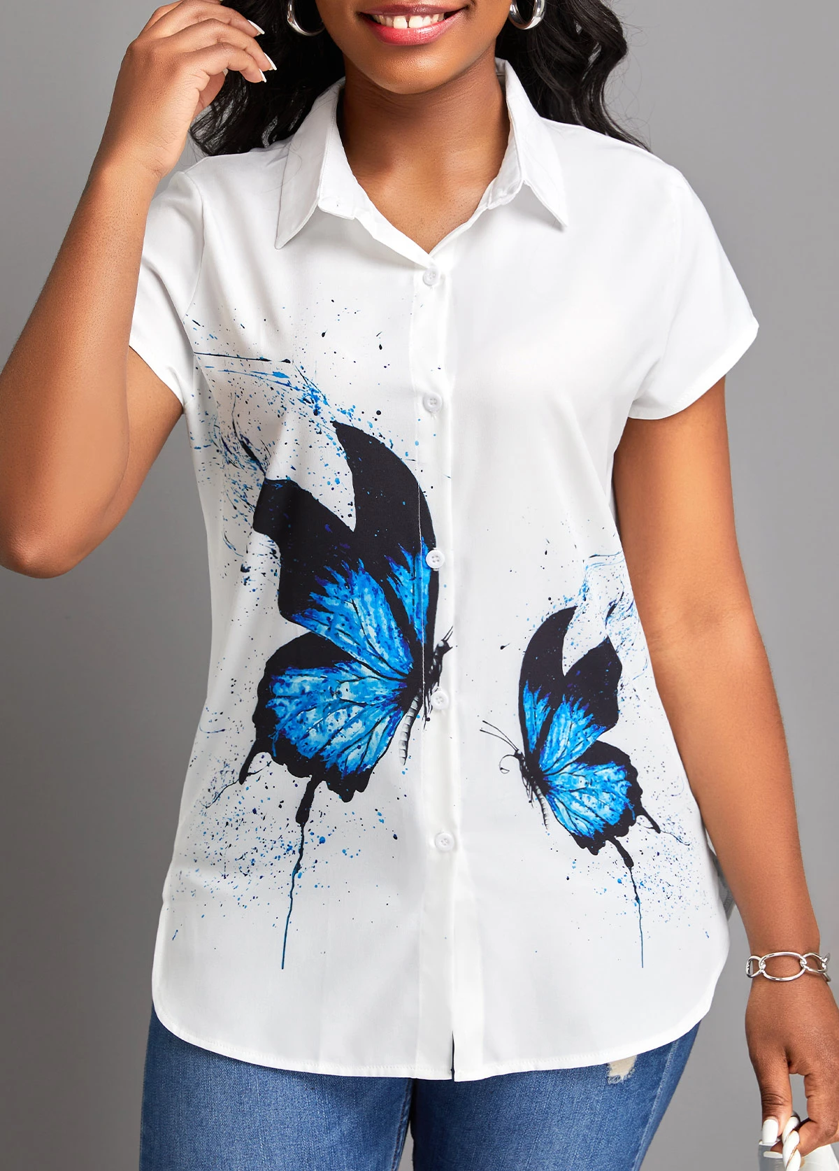 White Button Butterfly Print Short Sleeve Blouse 3 White Button Butterfly Print Short Sleeve Blouse
