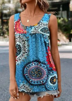 Blue Ruched Tribal Print Tank Top -OLALA Clothing Shop 335217 P 16855256437262