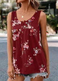 Red Ruched Floral Print Tank Top -OLALA Clothing Shop 335220 P 16855257580372