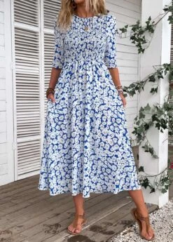 Blue Smocked Ditsy Floral Print Half Sleeve Dress -OLALA Clothing Shop 335226 P 16873115551153