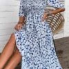 Blue Smocked Ditsy Floral Print Half Sleeve Dress -OLALA Clothing Shop 335226 P 16873115553270