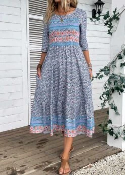 Blue Smocked Ditsy Floral Print Dress 13 Blue Smocked Ditsy Floral Print Dress -OLALA Clothing Shop 335227 P 16873136210395