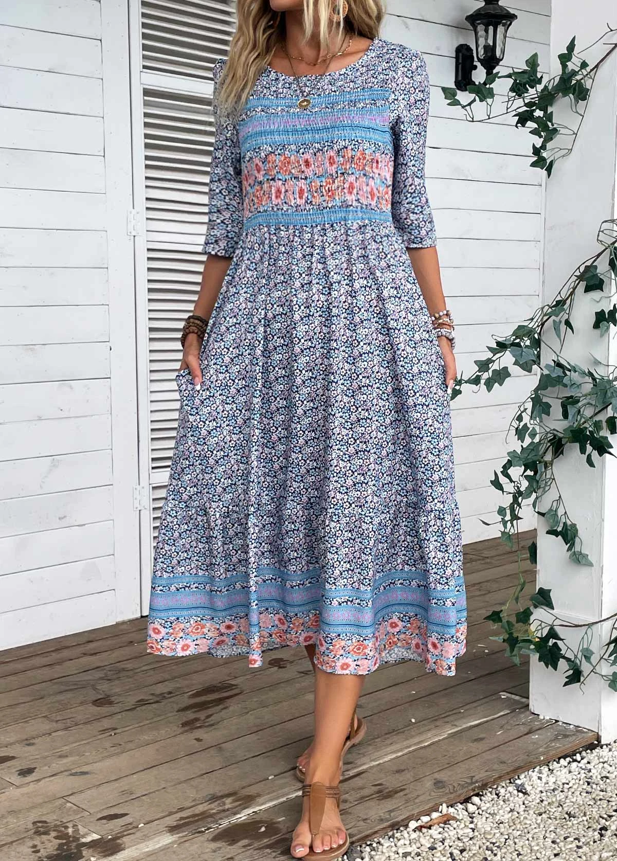 Blue Smocked Ditsy Floral Print Dress 8 Blue Smocked Ditsy Floral Print Dress - Image 6