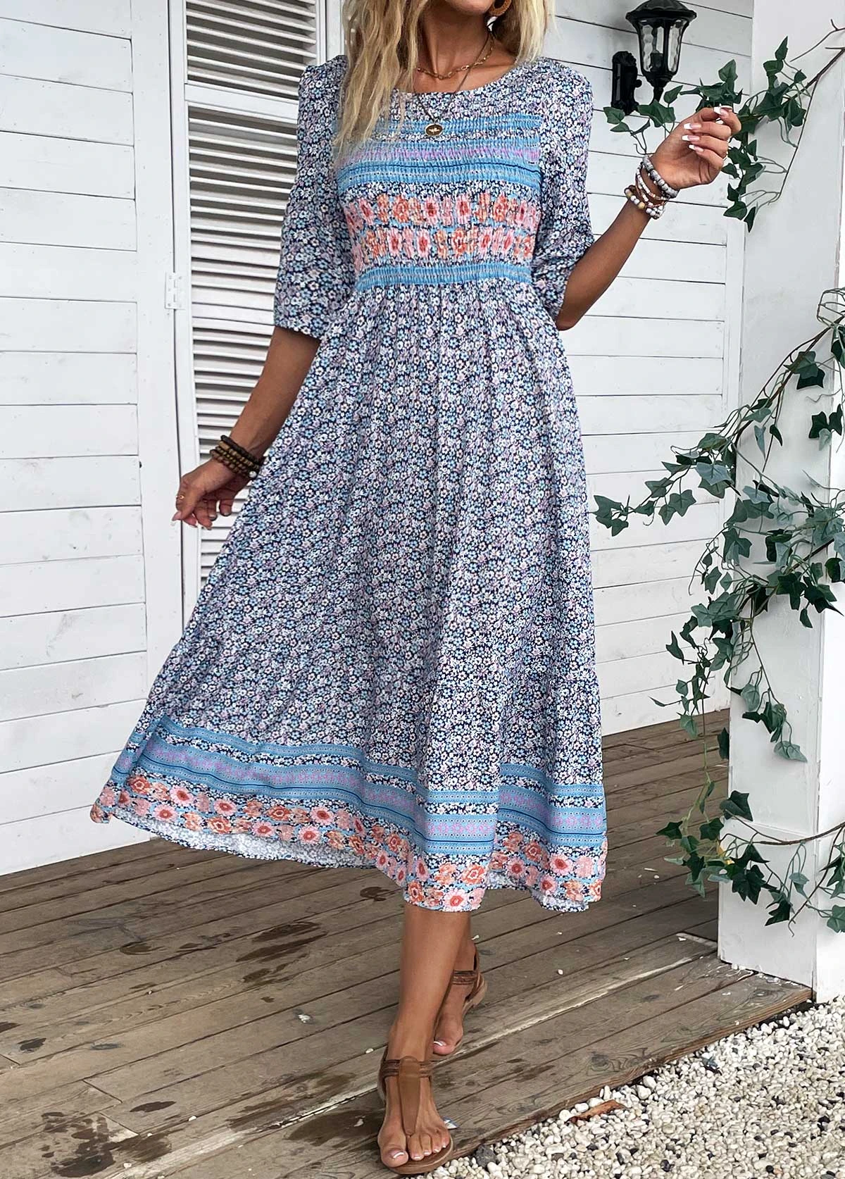 Blue Smocked Ditsy Floral Print Dress 7 Blue Smocked Ditsy Floral Print Dress - Image 5