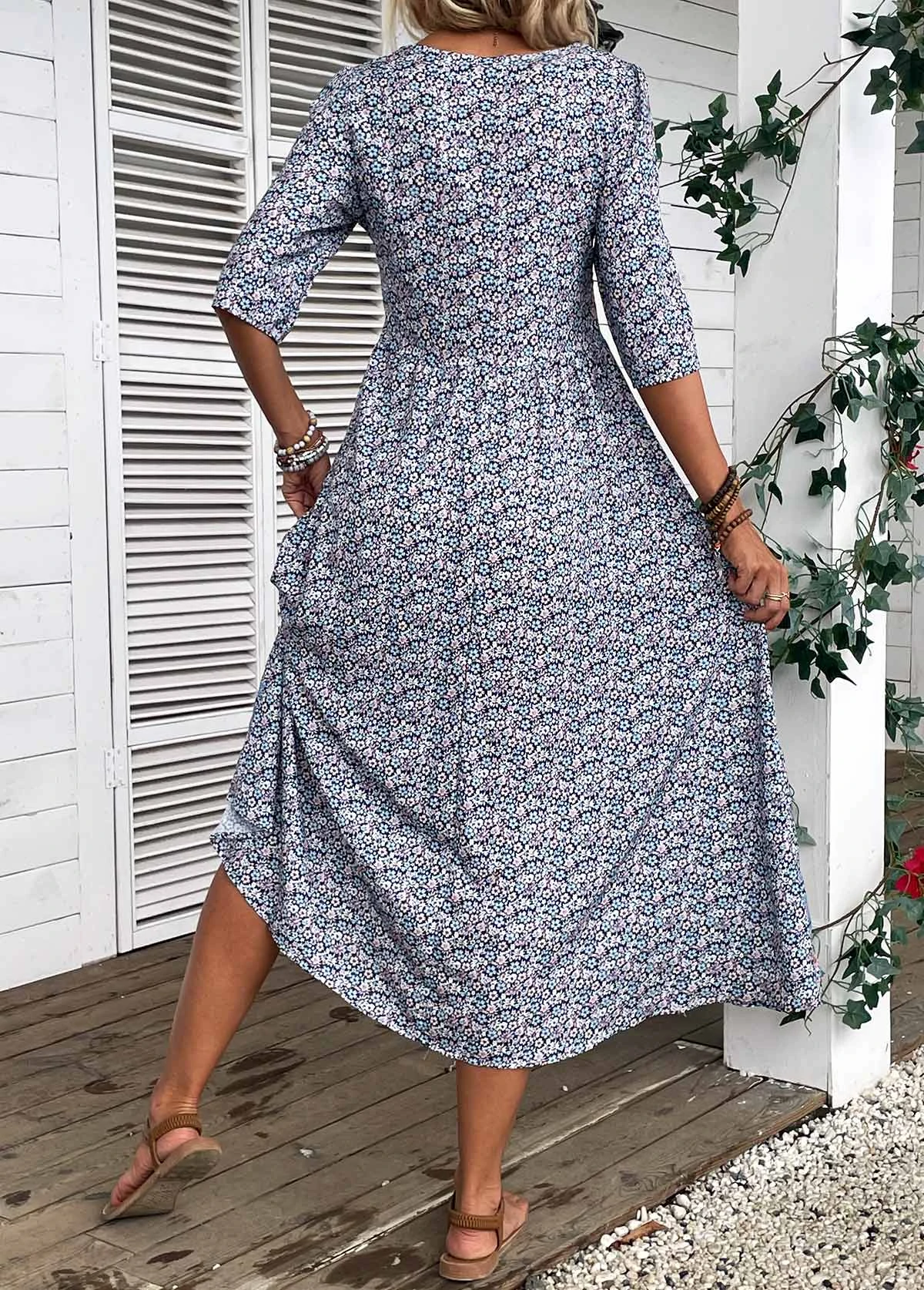 Blue Smocked Ditsy Floral Print Dress 4 Blue Smocked Ditsy Floral Print Dress - Image 2