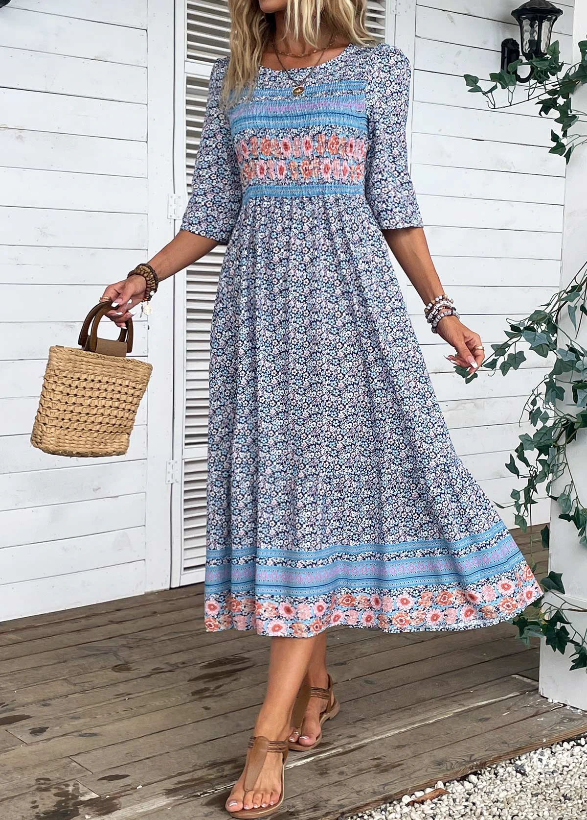 Blue Smocked Ditsy Floral Print Dress 6 Blue Smocked Ditsy Floral Print Dress - Image 4